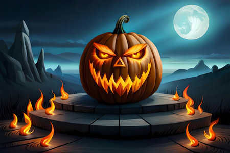 Spooky Halloween pumpkin in the moonlight. Generative AI illustrationの素材