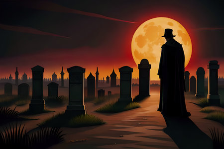 Silhouette of mysterious man standing in the old cemetery among graves at moonlit night. Halloween style generative AI illustrationの素材