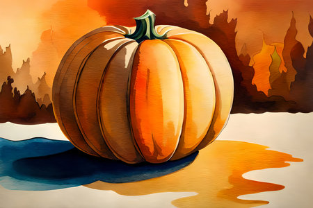 Still life with ripe orange pumpkin. Watercolor painting style generative AI illustrationの素材