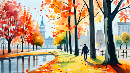 Urban landscape with city park in the autumn. Watercolor painting style generative AI illustrationの素材