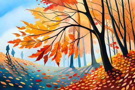 Trees with yellow leaves in the park in the autumn and walking people. Watercolor painting style generative AI illustrationの素材