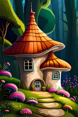 Fairy tale mushroom house in the forest. Generative AI illustration, children's book cover design or posterの素材