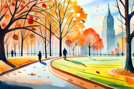 City landscape with urban park in the autumn. Watercolor sketching style generative AI illustrationの素材
