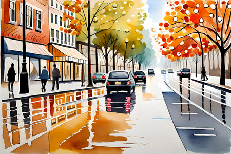 Scenic view with wet city street in the autumn. Watercolor sketching style generative AI illustrationの素材