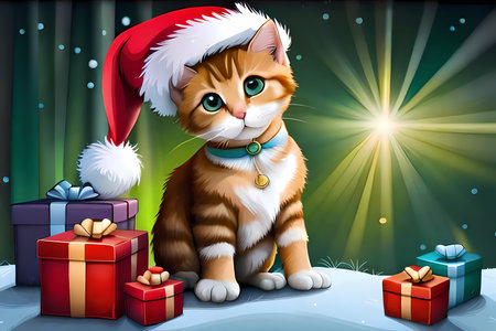 Cute little kitten with Santa hat and gift boxes. Generative AI illustration for Christmas with space for textの素材
