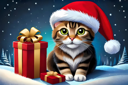Little kitten with Santa hat and gift boxes sitting on the snow. Generative AI illustration for Christmasの素材