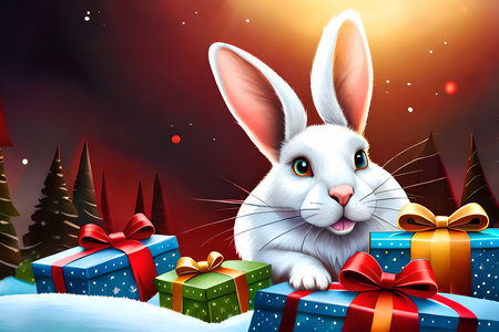 White rabbit with color gift boxes outdoor. Generative AI illustration for Christmas saleの素材
