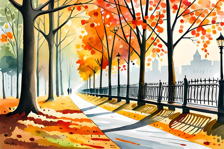 Trees with yellow leaves in city park in the autumn. Watercolor painting style generative AI illustrationの素材