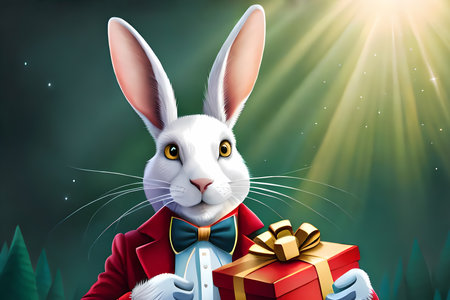 Fairytale white rabbit with red gift box. Generative AI illustration for Christmasの素材