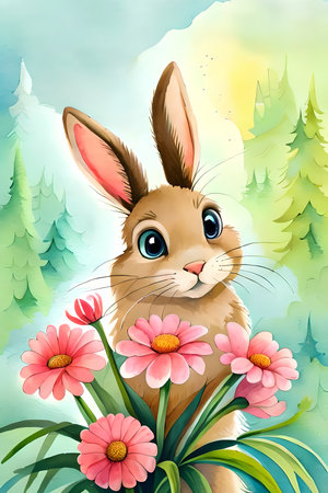 Cute bunny with bouquet of flowers. Watercolor painting style generative AI illustration, birthday card designの素材