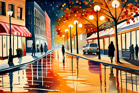 View of wet city street in the autumn at night. Watercolor painting style generative AI illustration, cityscapeの素材