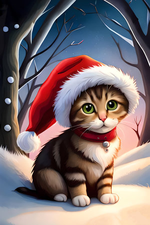 Cute little kitten with Santa hat sitting on the snow. Generative AI illustration for Christmasの素材