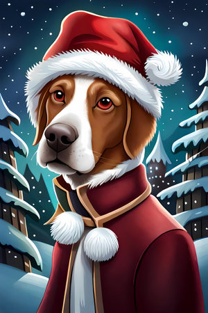 Fairytale dog with Christmas hat in snow covered forest. Generative AI illustration, fairy tales book cover designの素材