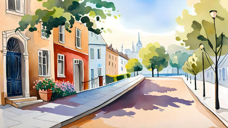 Scenic view of old city street. Watercolor painting style generative AI illustrationの素材
