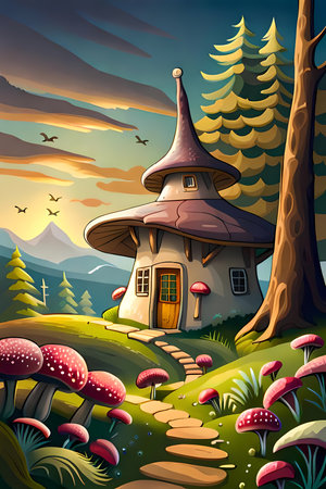 Fairy tale mushroom house on the fringe of a forest. Generative AI illustration, children's book cover design or posterの素材