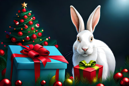 White rabbit with gift boxes by Christmas tree. Cartoon style generative AI illustrationの素材
