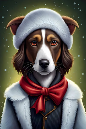 Portrait of fairytale dog with cold-weather cap. Generative AI illustration, funny poster designの素材