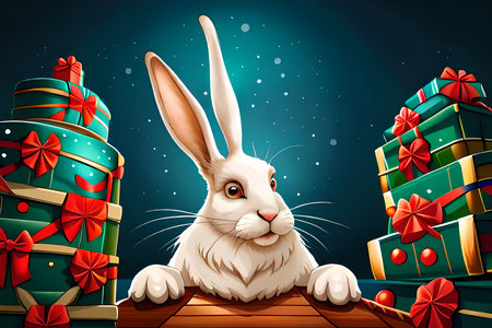 White rabbit with piles of gift boxes. Cartoon style generative AI illustration for Christmas saleの素材