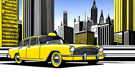 Fantasy vintage taxi car and the city skyline.  Comic book style generative AI illustrationの素材