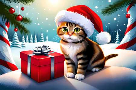 Kitten with Santa hat and gift box outside. Generative AI illustration for Christmasの素材