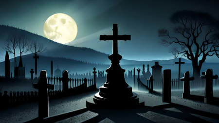 Old graveyard at Halloween night in the moonlight. Generative AI illustrationの素材