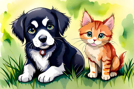 Puppy dog and kitten outdoor. Watercolor painting style generative AI illustrationの素材