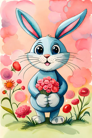 Cute little rabbit with bouquet of flowers. Watercolor painting style generative AI illustration, poster for childrenの素材