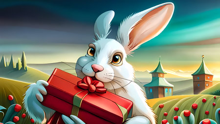 White rabbit holding red gift box. Cartoon style generative AI illustrationの素材