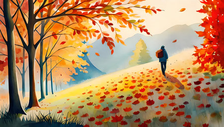 Autumnal landscape with walking man. Watercolor painting style generative AI illustrationの素材