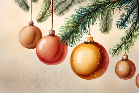 Christmas balls hanging on fir tree branch.  Generative AI illustrationの素材