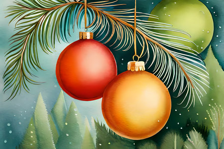 Christmas balls hanging on fir tree branches.  Generative AI illustrationの素材