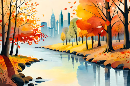 Landscape with city park in the autumn. Watercolor painting style generative AI illustrationの素材