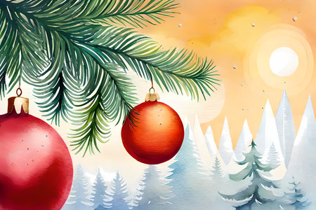Christmas balls hanging on fir tree branch ourtoor.  Generative AI illustrationの素材