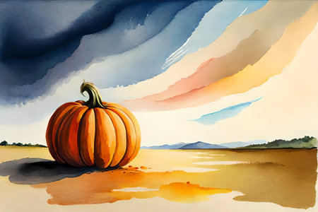 Landscape with pumpkin and copy space. Watercolor painting style generative AI illustrationの素材