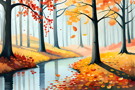 Autumn landscape with yellow trees in the forest. Watercolor painting style generative AI illustrationの素材