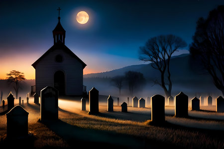 Halloween landscape with old cemetery with gravestones by church at night. Generative AI illustrationの素材