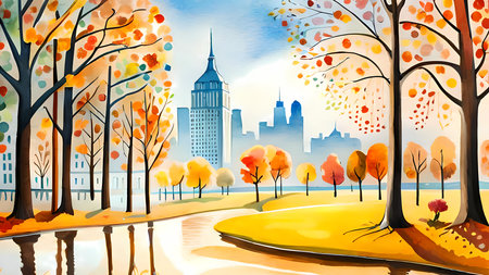 City park in the autumn. Watercolor painting style generative AI illustrationの素材