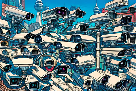 Many security cameras in the futuristic city. Cartoon style generative AI illustrationの素材