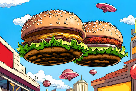 Fast Delivery - Flying burgers along the city street. Retro comic book style generative AI illustrationの素材