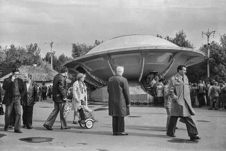 Moscow, USSR - September, 1979: UFO and its visitors in '60 years of Soviet cinema' exhibition in VDNKh. Black and white 35mm film scanのeditorial素材