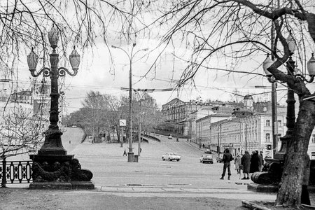Moscow, USSR - April, 1982: Petrovsky and Rozhdestvensky Boulevards in Moscow, vintage cityscape.  Black and white 35mm film scanのeditorial素材