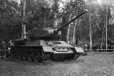 Moscow, USSR - September, 1979: T-34 Soviet tank from WWII in '60 years of Soviet cinema' exhibition in VDNKh. Black and white 35mm film scanのeditorial素材