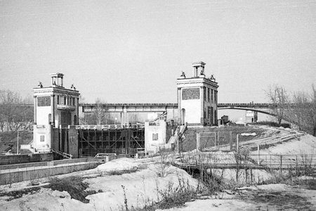 Moscow, USSR - March, 1982: View of shipping lock on the Moscow Canal. 35mm black and white film scanのeditorial素材
