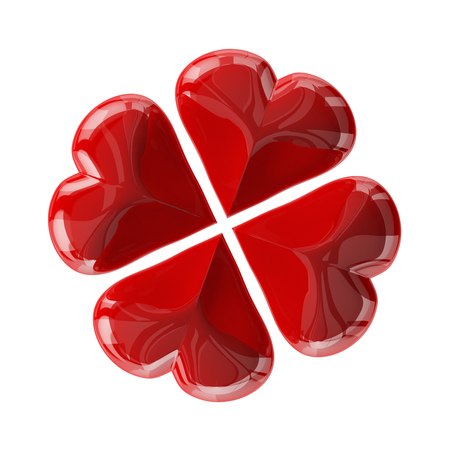 Four red glass hearts isolated on white. 3d render with HDRの写真素材