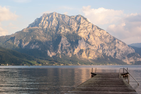 pier by mountains in the backgroundの写真素材