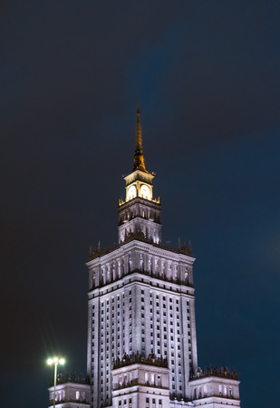 Palace of Culture and Science in Warsaw, Poland an nightのeditorial素材