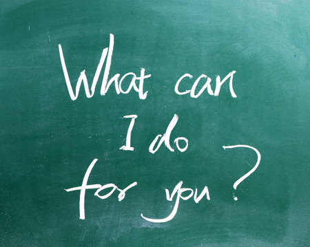 word "What can I do for you" written on chalkboardの写真素材