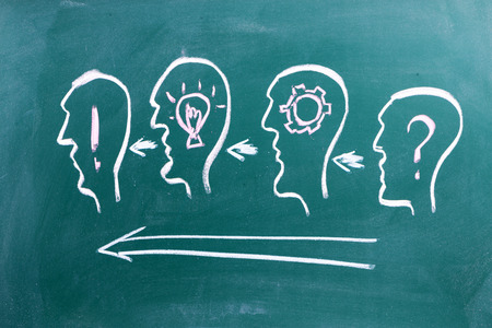 Problem - Analysis - Idea - Solution concept drawing on chalkboardの写真素材