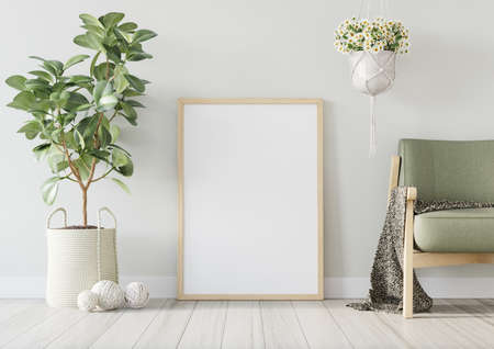 Interior poster mockup with vertical wooden frame decorated with big green plant in woven planter...