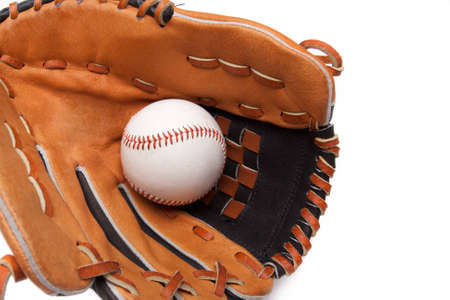 A baseball glove and ball on a white backgroundの写真素材